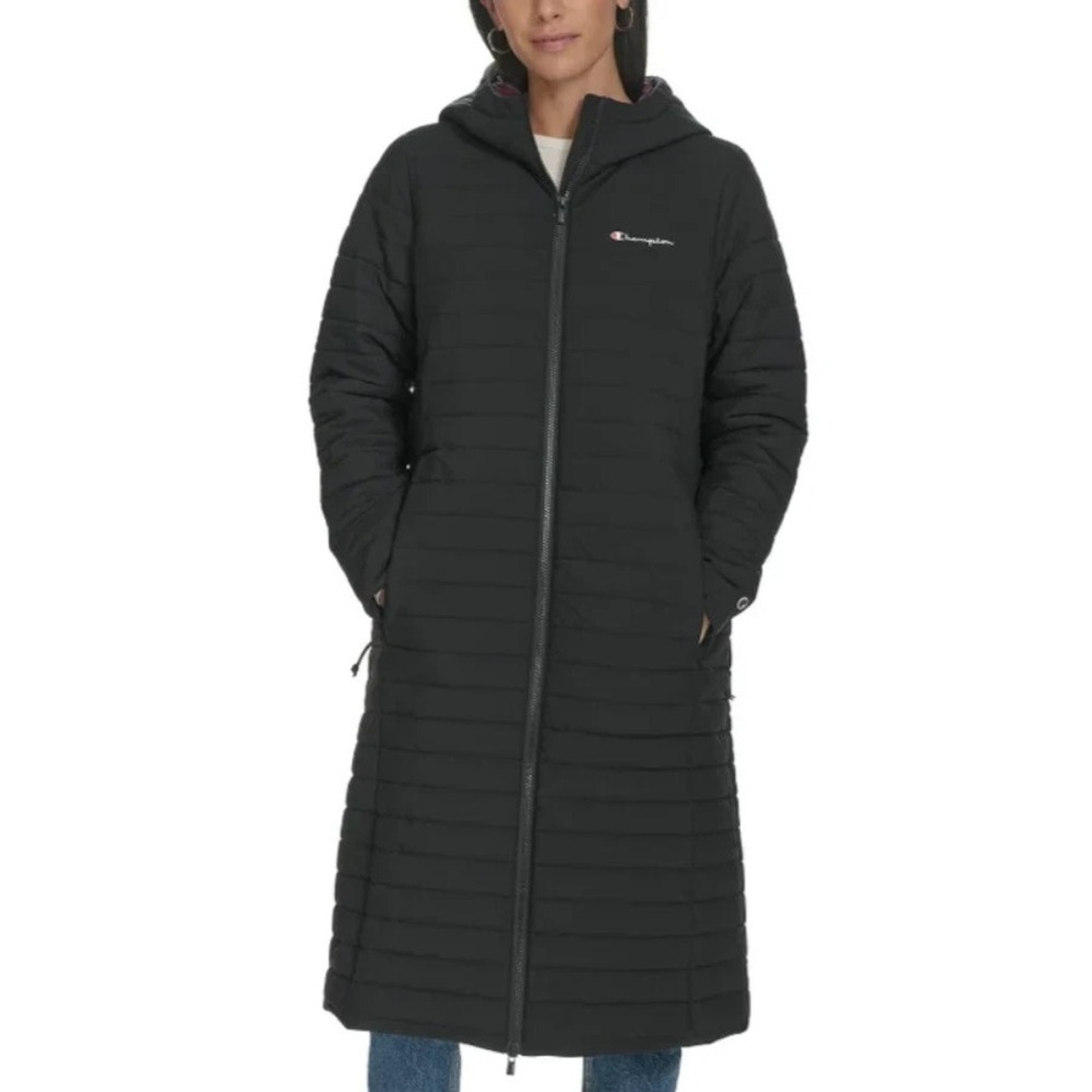 Champion Womens Long Sideline Coat Black Puffer Jacket Large NEW